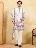 Gorgeous White Sequins Silk Festival Wear Men's Kurta With Dupatta