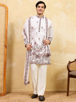 Gorgeous White Sequins Silk Festival Wear Men's Kurta With Dupatta