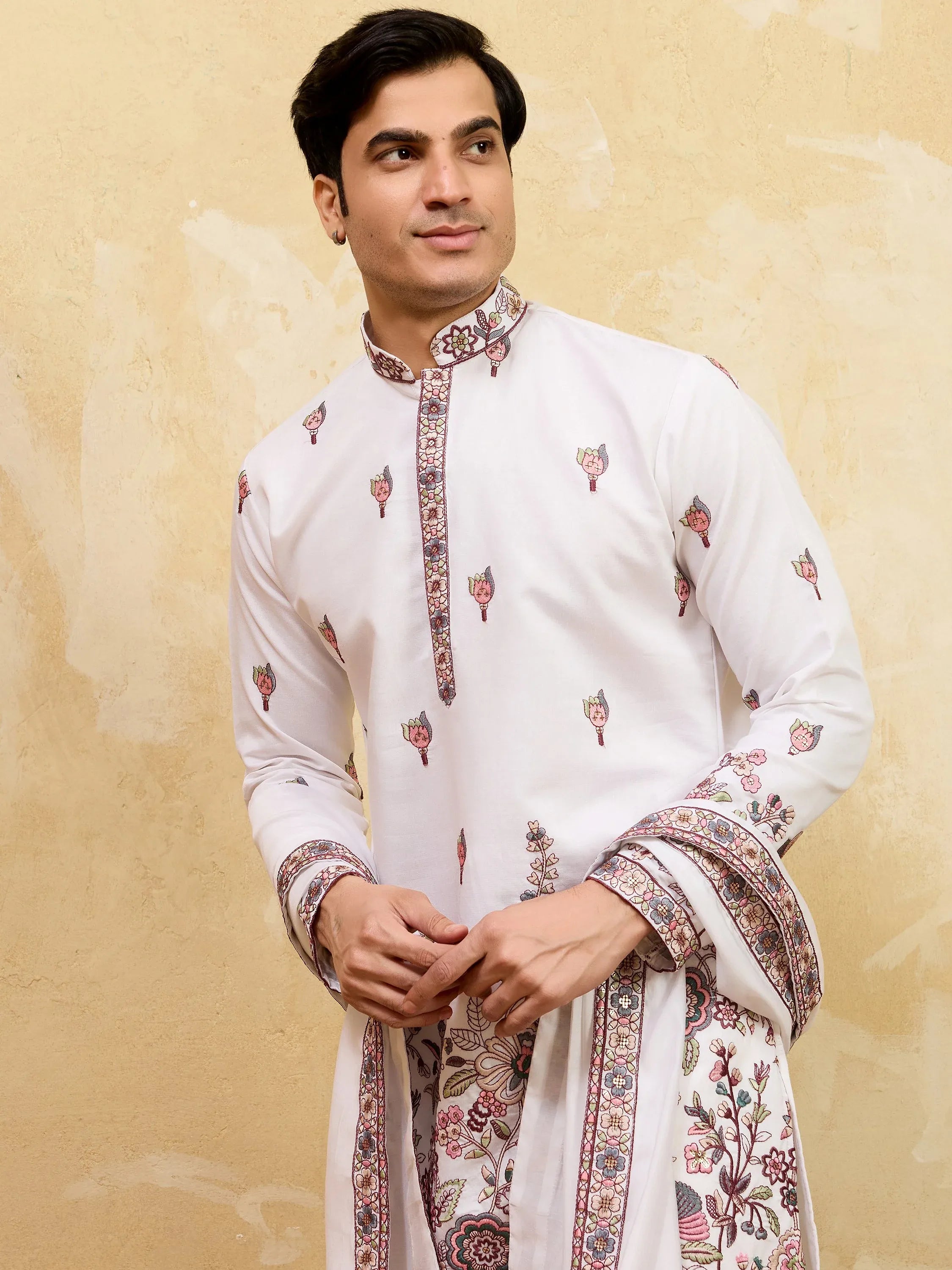 Gorgeous White Sequins Silk Festival Wear Men's Kurta With Dupatta