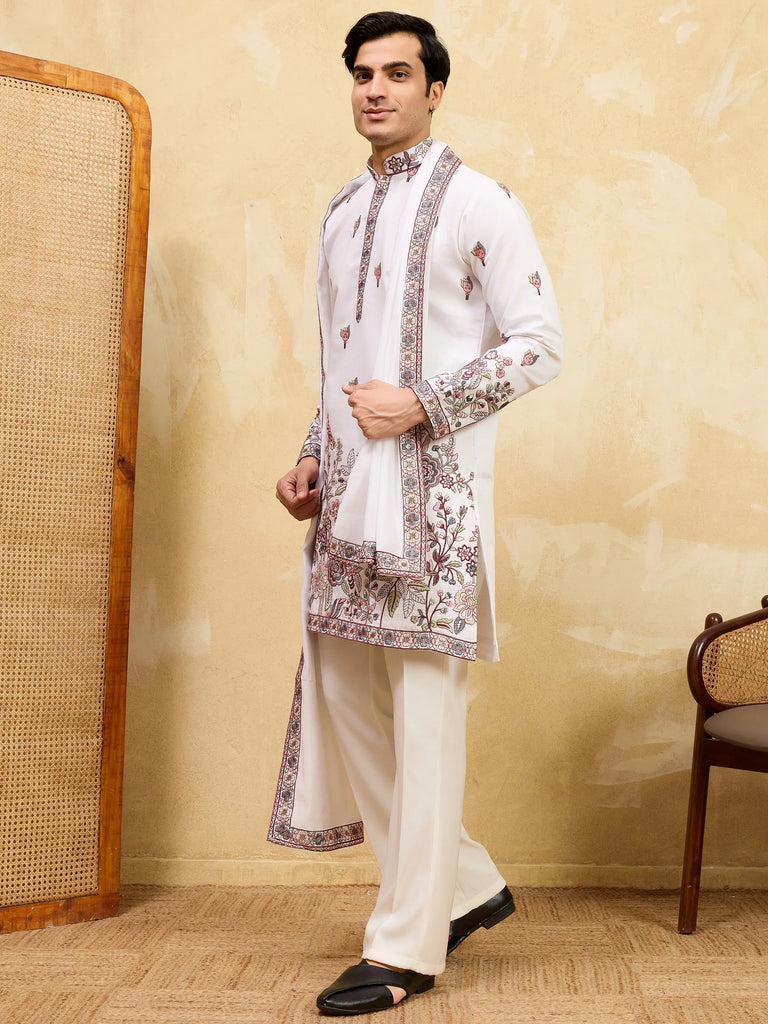 Gorgeous White Sequins Silk Festival Wear Men's Kurta With Dupatta