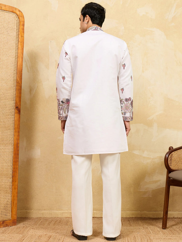 Gorgeous White Sequins Silk Festival Wear Men's Kurta With Dupatta