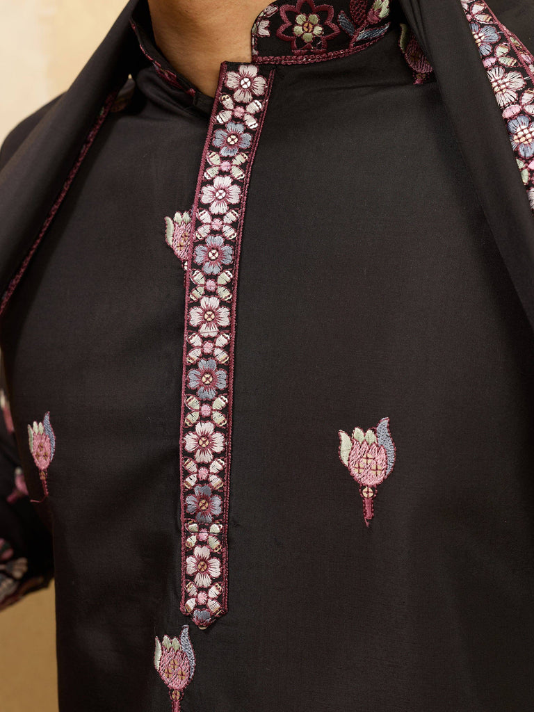 Astonishing Black Thread Embroidered Silk Wedding Wear Men's Kurta
