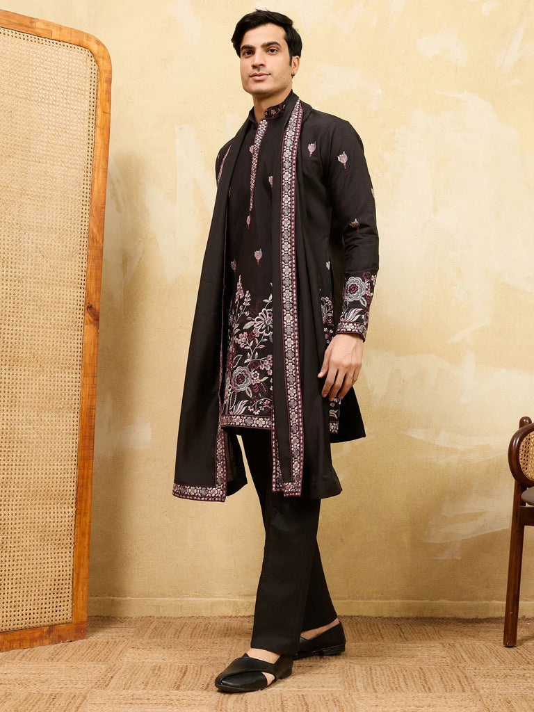 Astonishing Black Thread Embroidered Silk Wedding Wear Men's Kurta