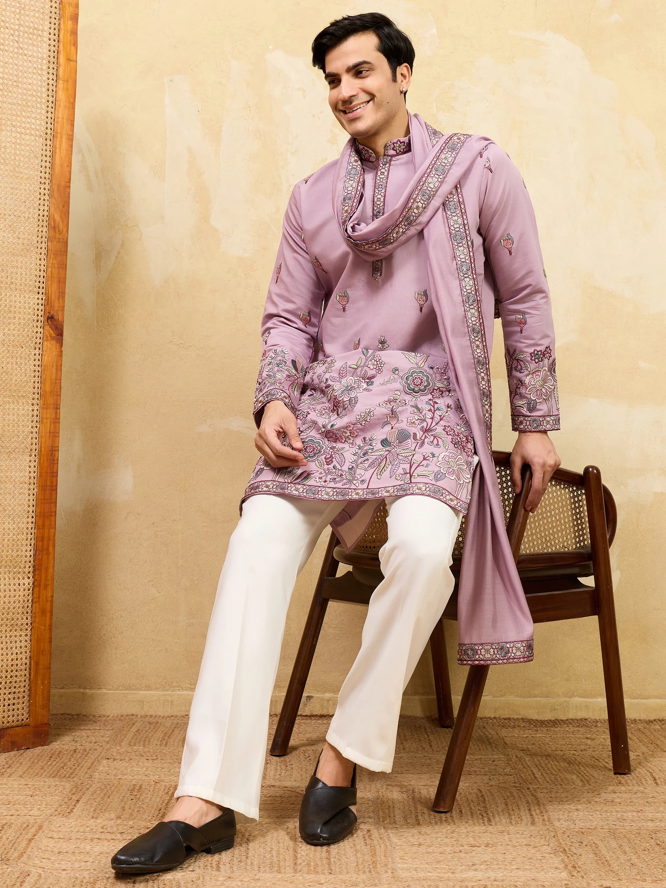 Alluring Dusty Pink Embroidered Viscose Silk Traditional Men's Kurta