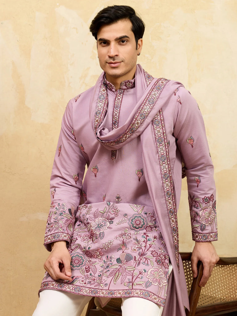 Alluring Dusty Pink Embroidered Viscose Silk Traditional Men's Kurta