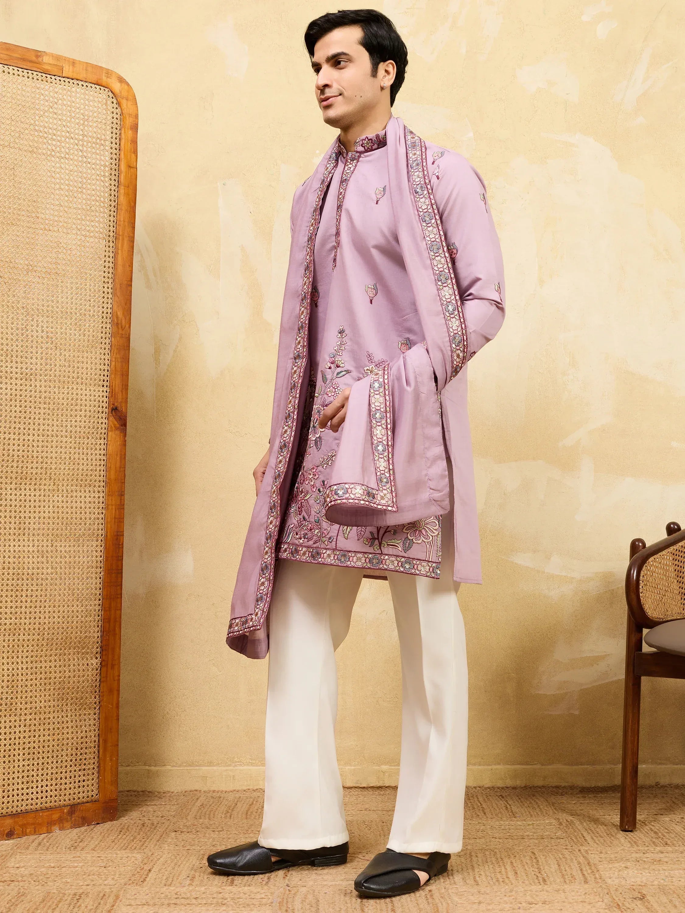 Alluring Dusty Pink Embroidered Viscose Silk Traditional Men's Kurta