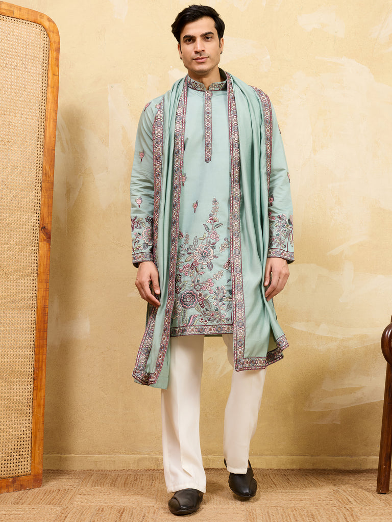 Precious Pista Green Thread Embroidered Silk Men's Kurta With Dupatta