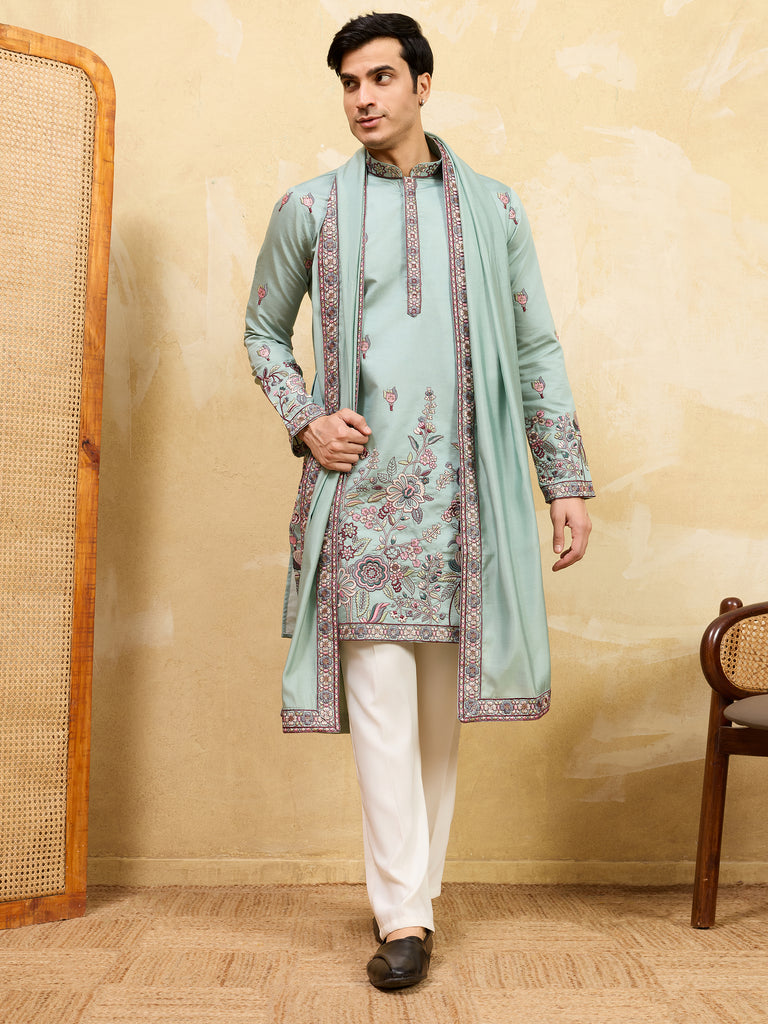 Precious Pista Green Thread Embroidered Silk Men's Kurta With Dupatta