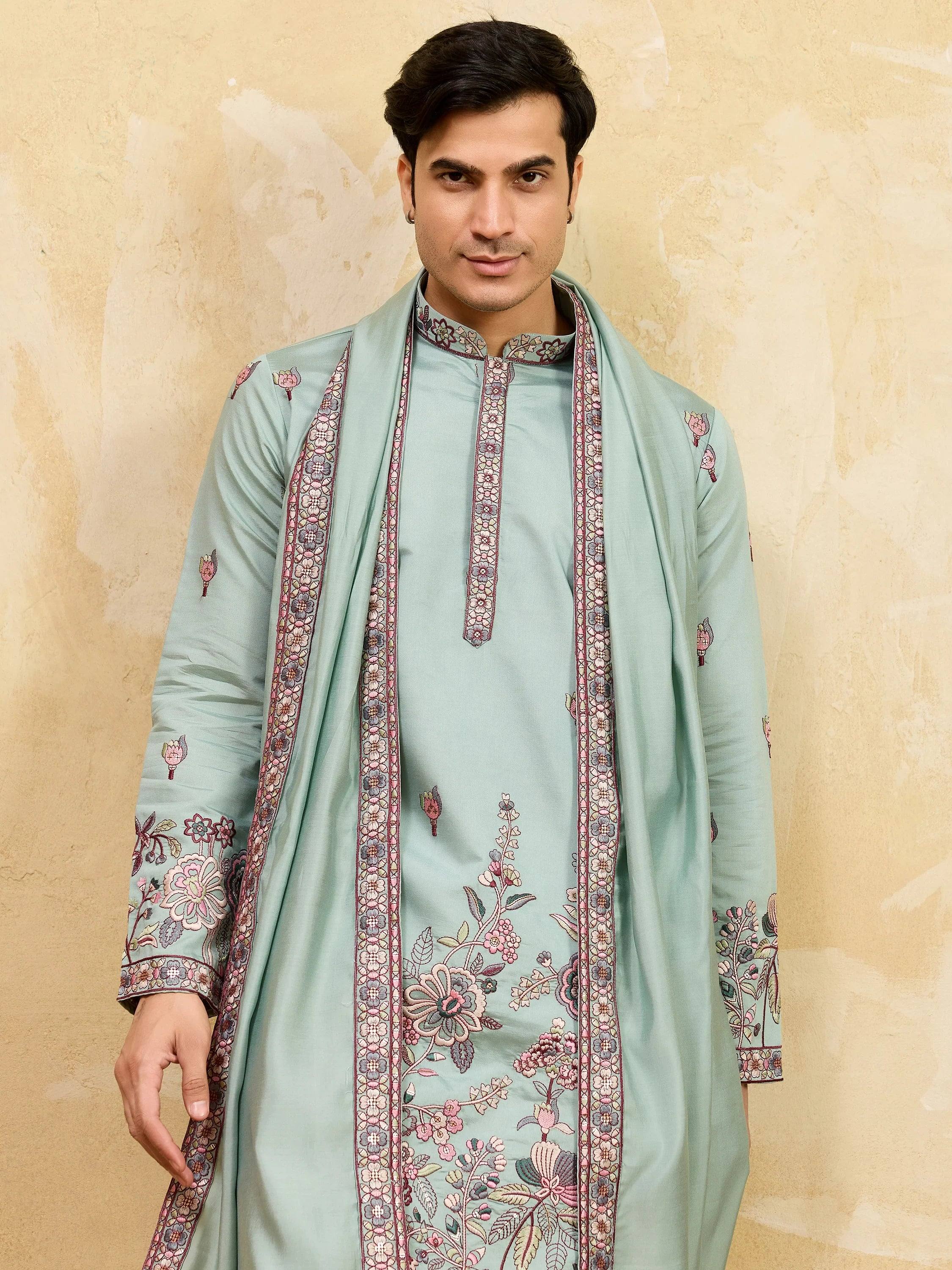 Precious Pista Green Thread Embroidered Silk Men's Kurta With Dupatta