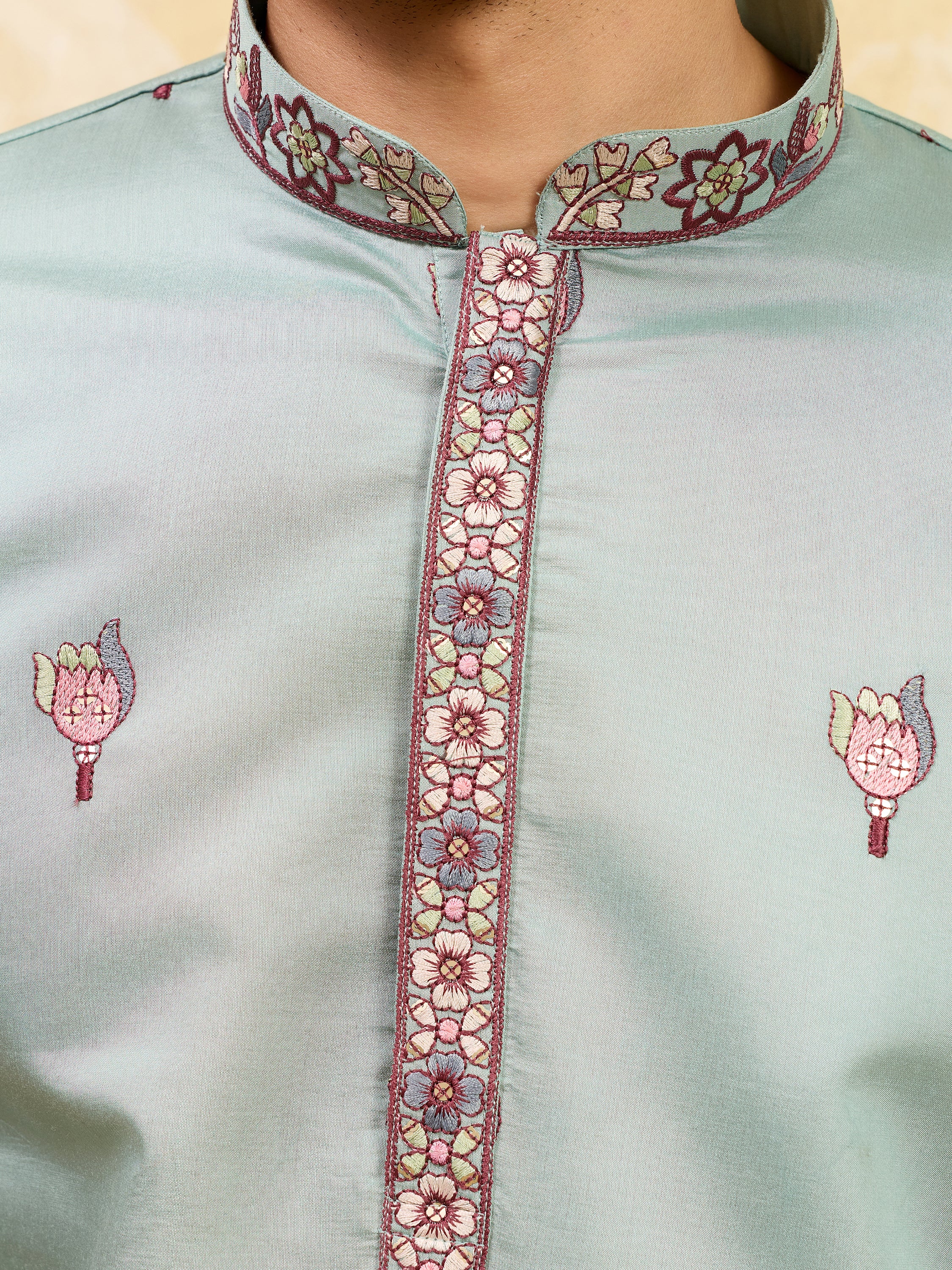 Precious Pista Green Thread Embroidered Silk Men's Kurta With Dupatta