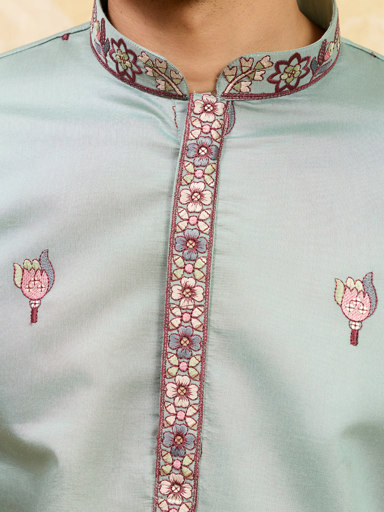 Precious Pista Green Thread Embroidered Silk Men's Kurta With Dupatta