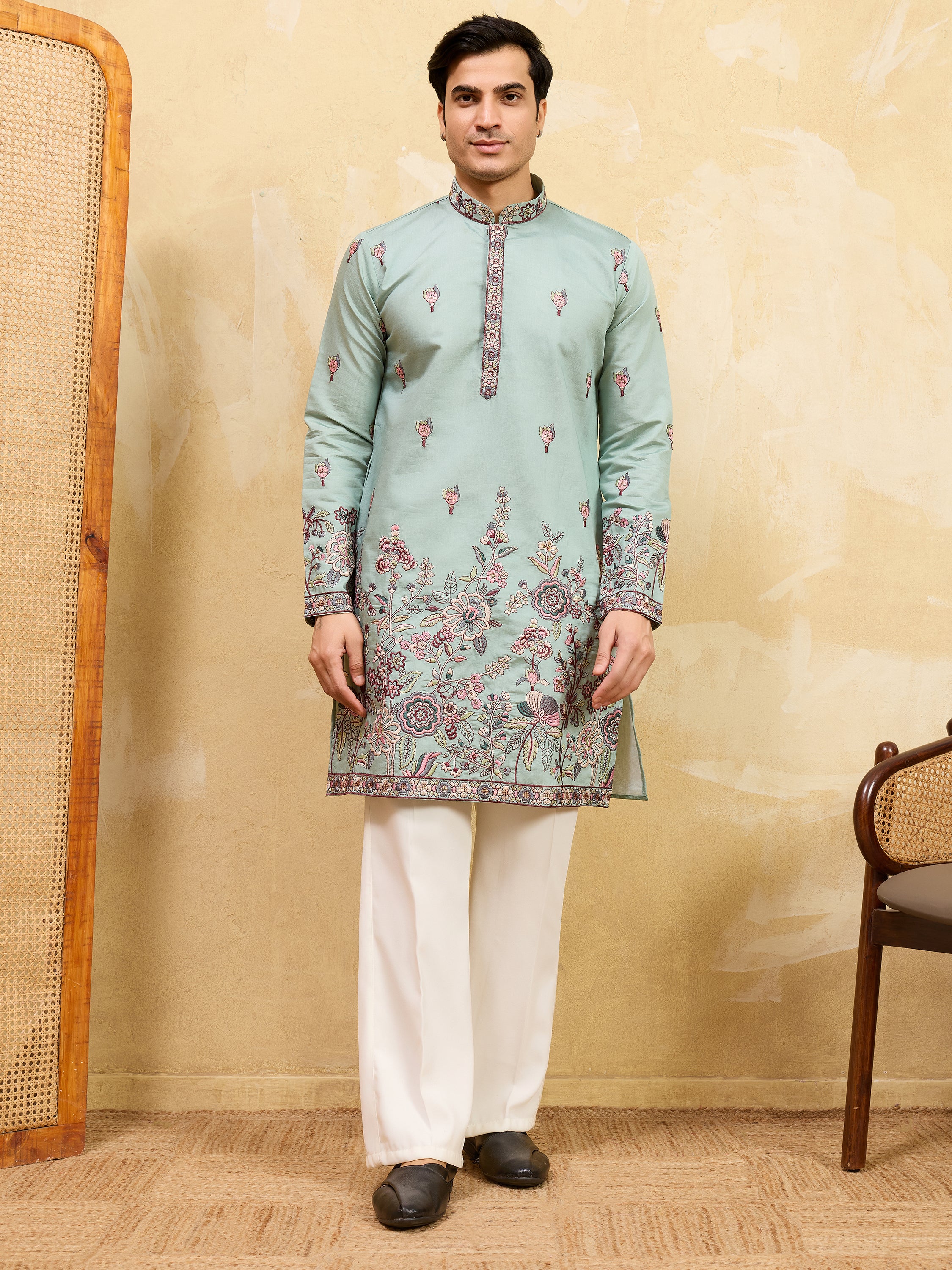 Precious Pista Green Thread Embroidered Silk Men's Kurta With Dupatta