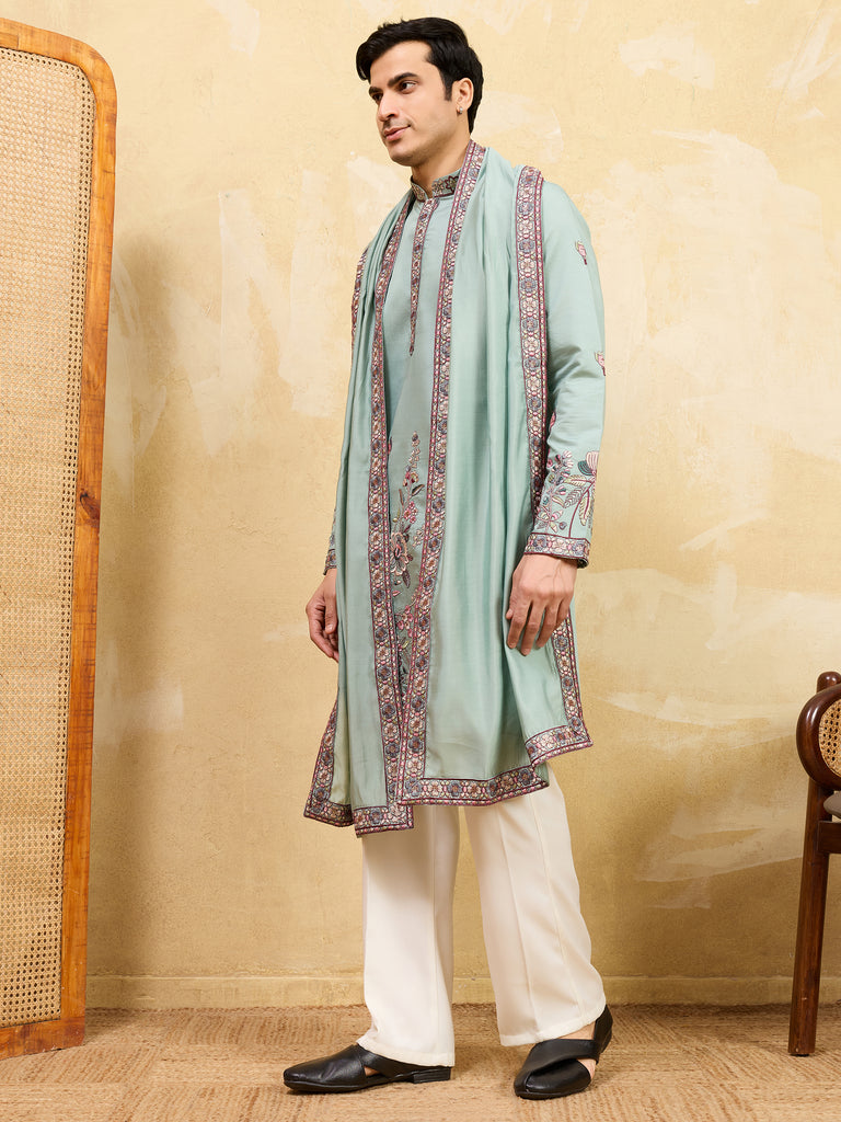 Precious Pista Green Thread Embroidered Silk Men's Kurta With Dupatta