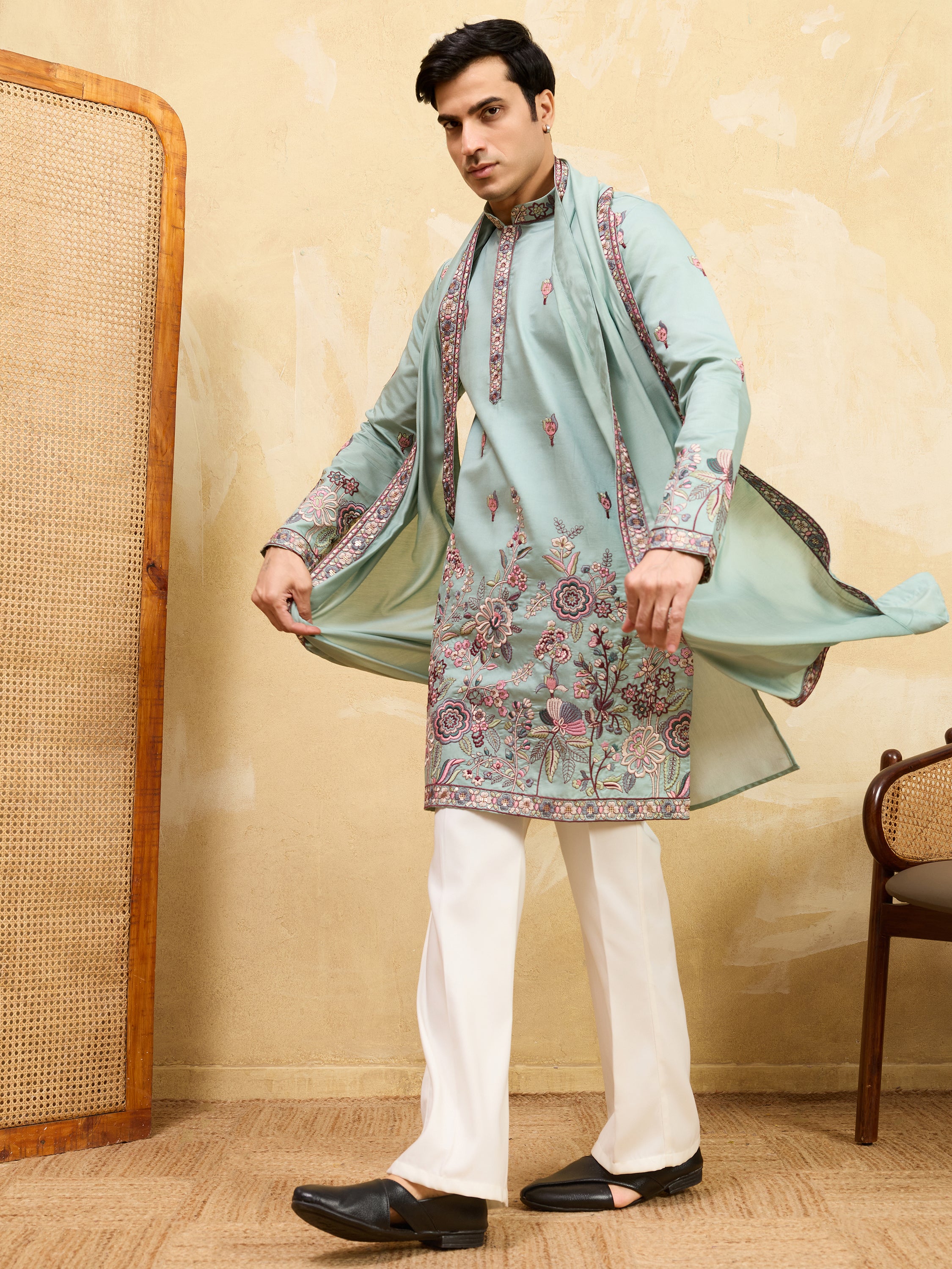 Precious Pista Green Thread Embroidered Silk Men's Kurta With Dupatta