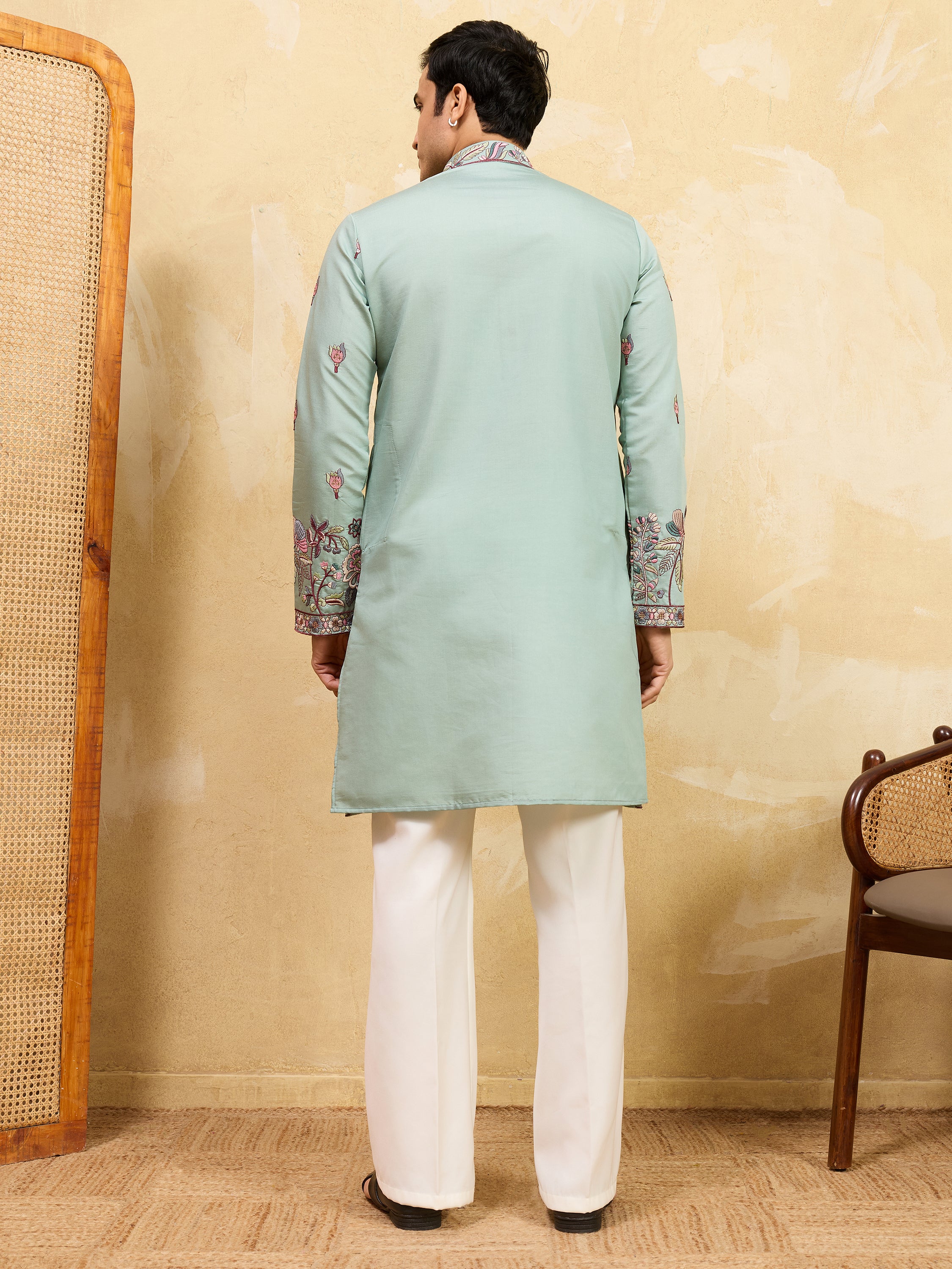 Precious Pista Green Thread Embroidered Silk Men's Kurta With Dupatta