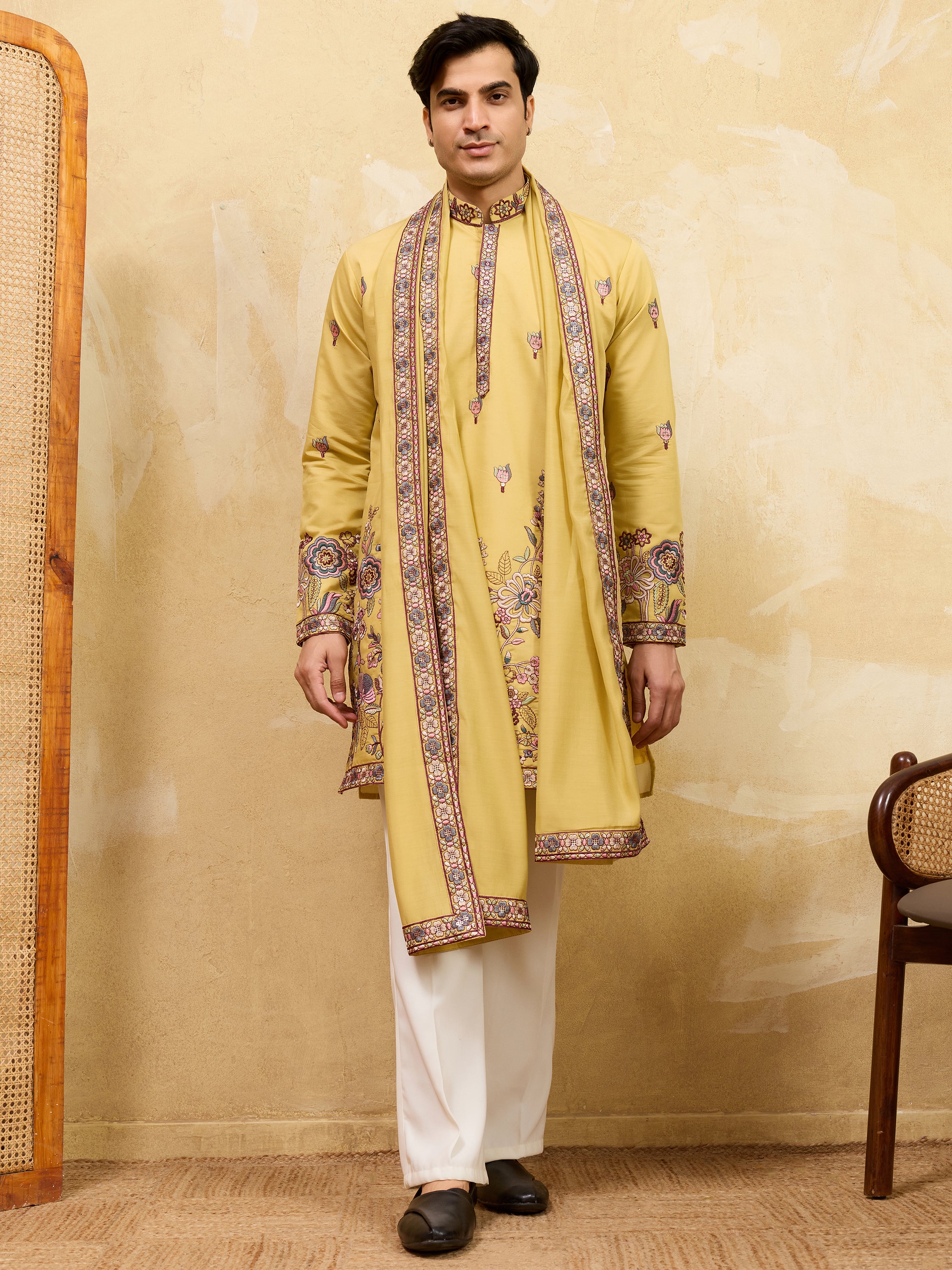 Attractive Yellow Thread Work Silk Haldi Wear Men's Kurta With Dupatta