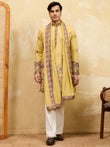 Attractive Yellow Thread Work Silk Haldi Wear Men's Kurta With Dupatta