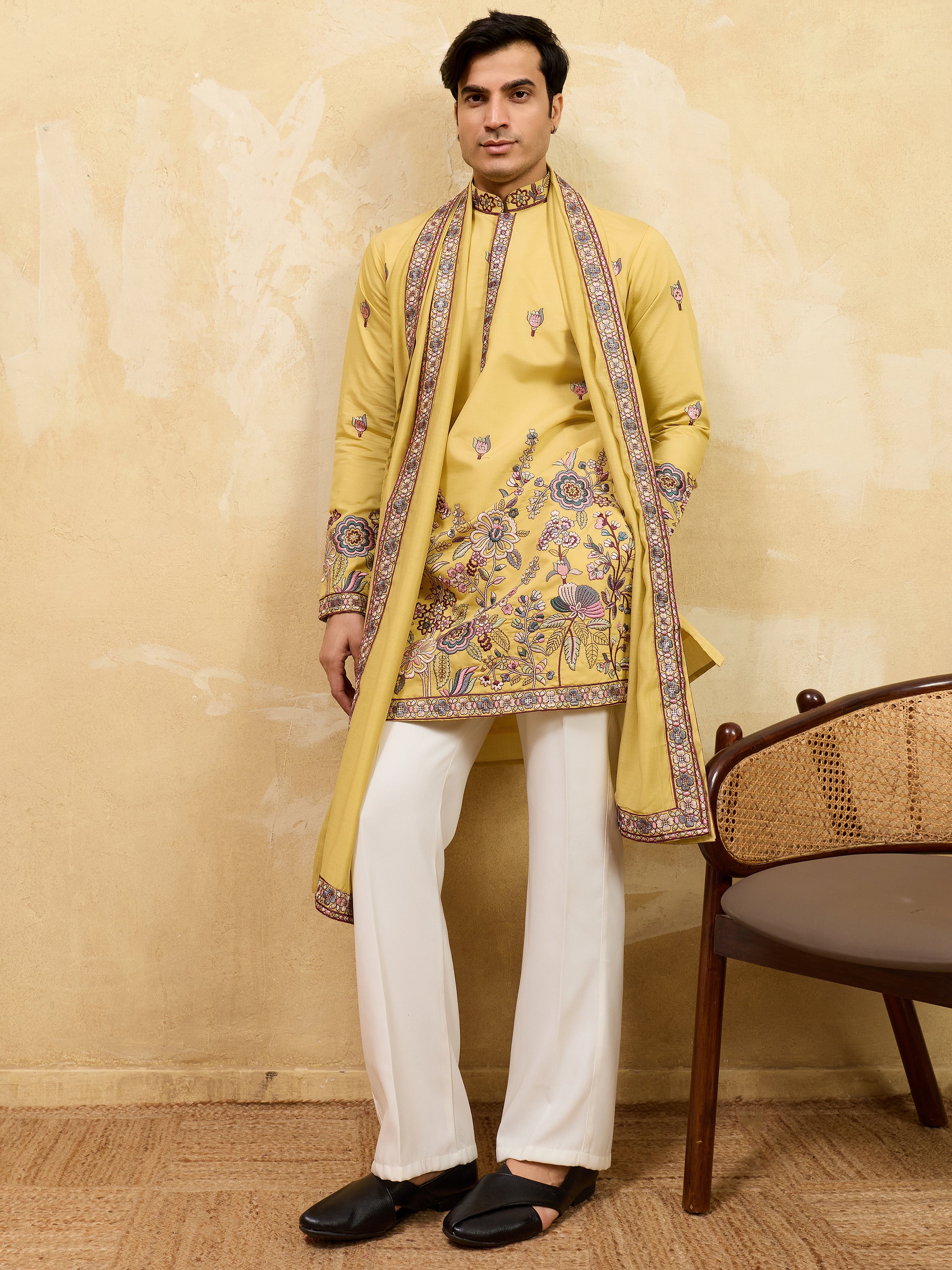Attractive Yellow Thread Work Silk Haldi Wear Men's Kurta With Dupatta