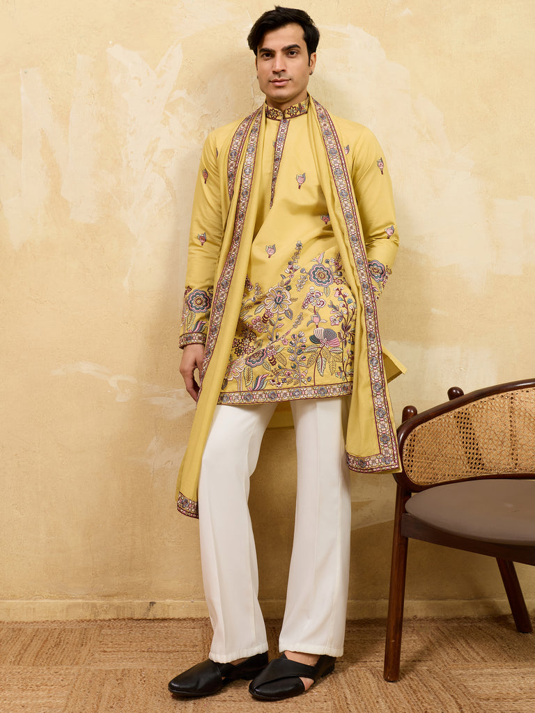 Attractive Yellow Thread Work Silk Haldi Wear Men's Kurta With Dupatta