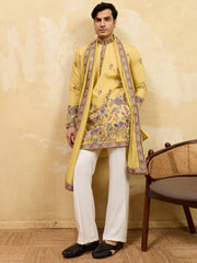 Attractive Yellow Thread Work Silk Haldi Wear Men's Kurta With Dupatta