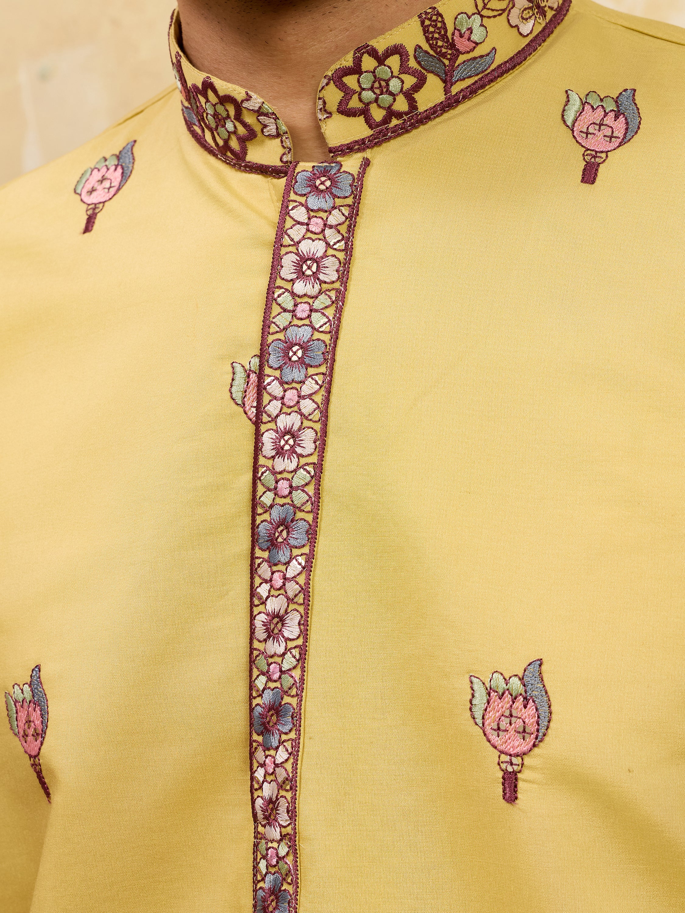 Attractive Yellow Thread Work Silk Haldi Wear Men's Kurta With Dupatta