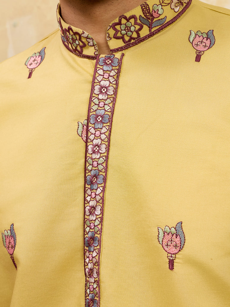 Attractive Yellow Thread Work Silk Haldi Wear Men's Kurta With Dupatta