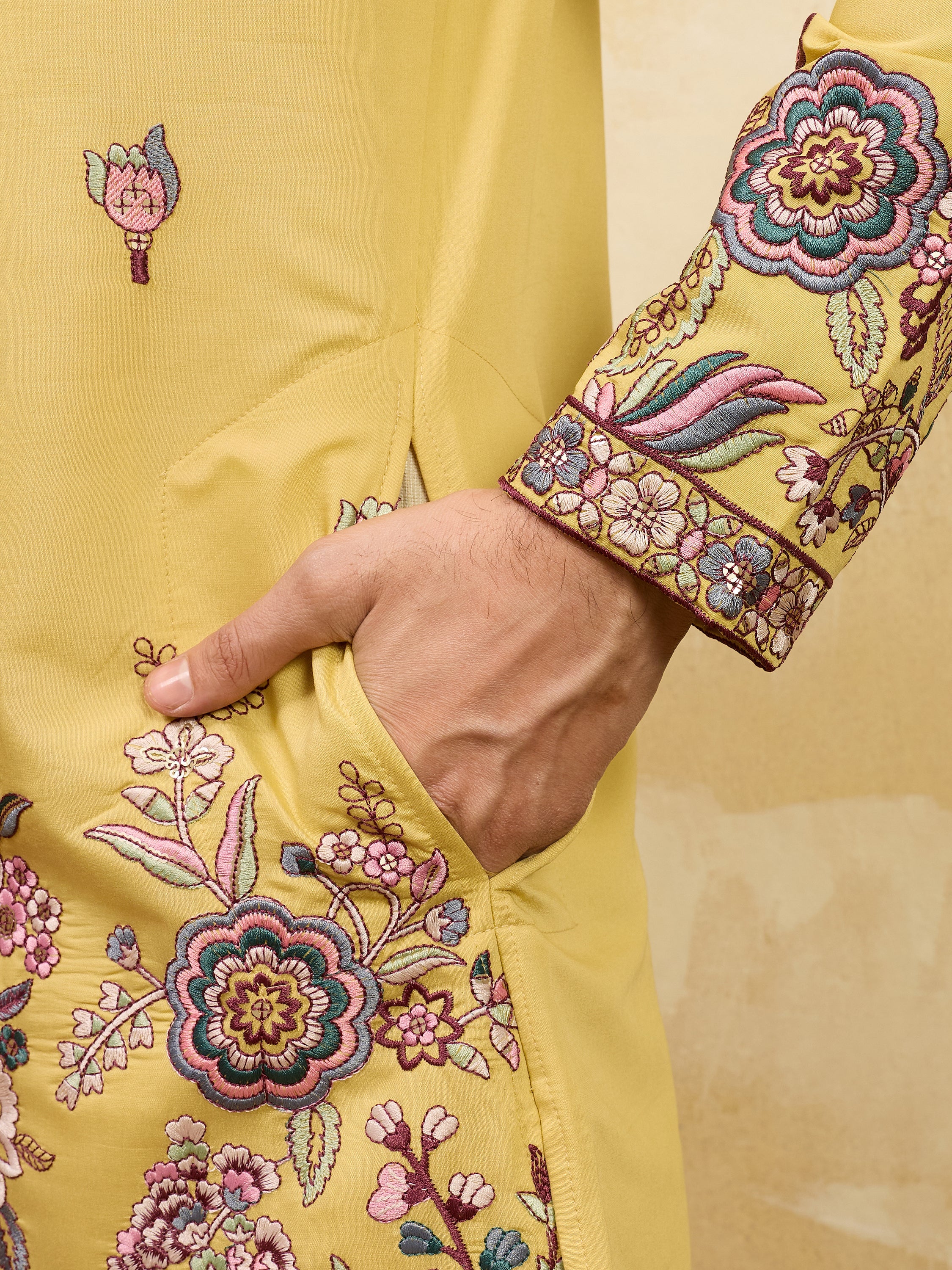 Attractive Yellow Thread Work Silk Haldi Wear Men's Kurta With Dupatta