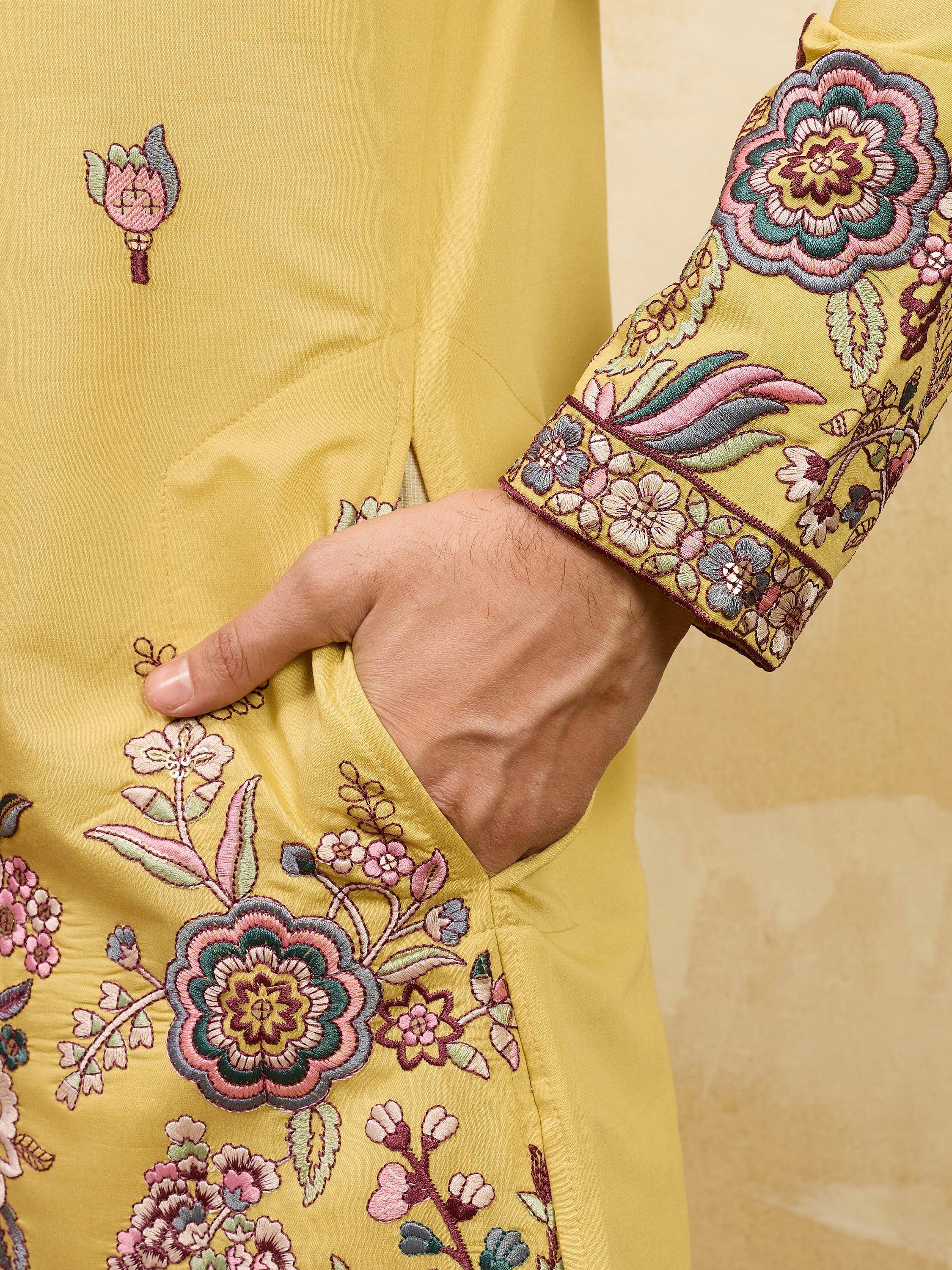 Attractive Yellow Thread Work Silk Haldi Wear Men's Kurta With Dupatta