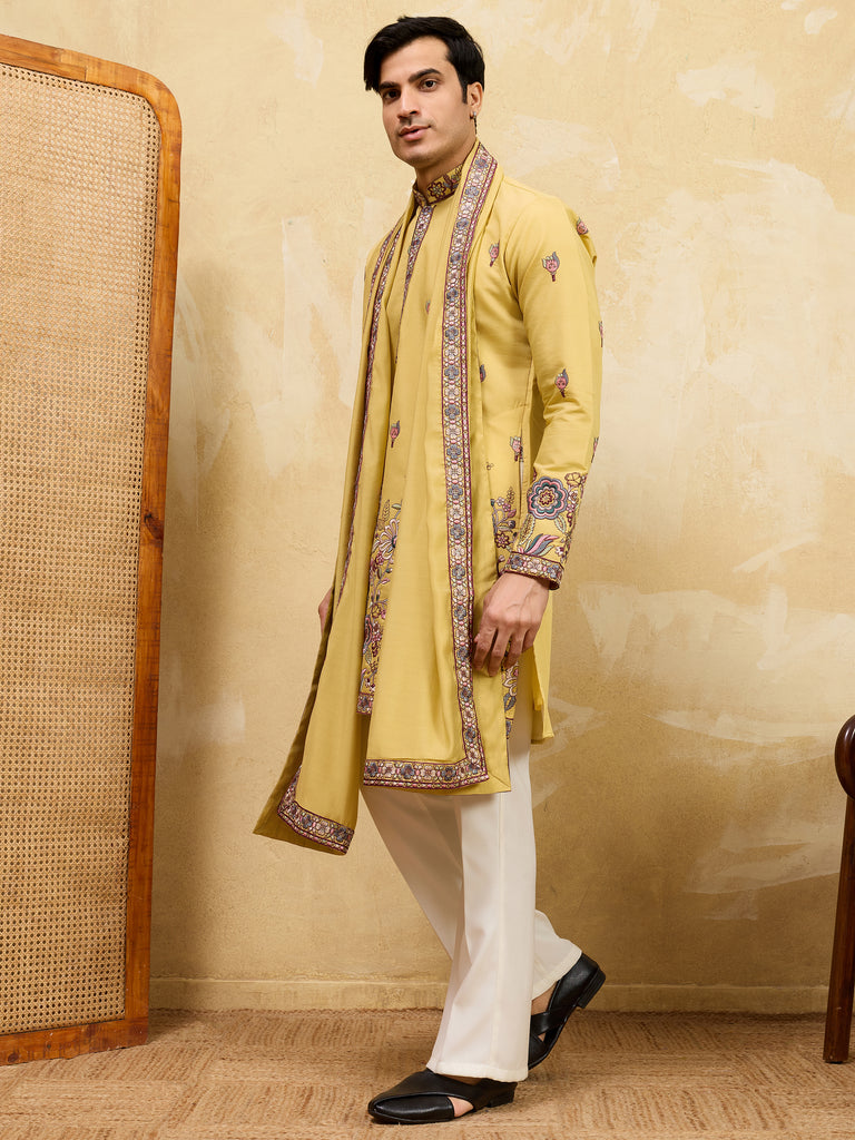 Attractive Yellow Thread Work Silk Haldi Wear Men's Kurta With Dupatta