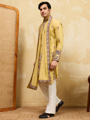Attractive Yellow Thread Work Silk Haldi Wear Men's Kurta With Dupatta