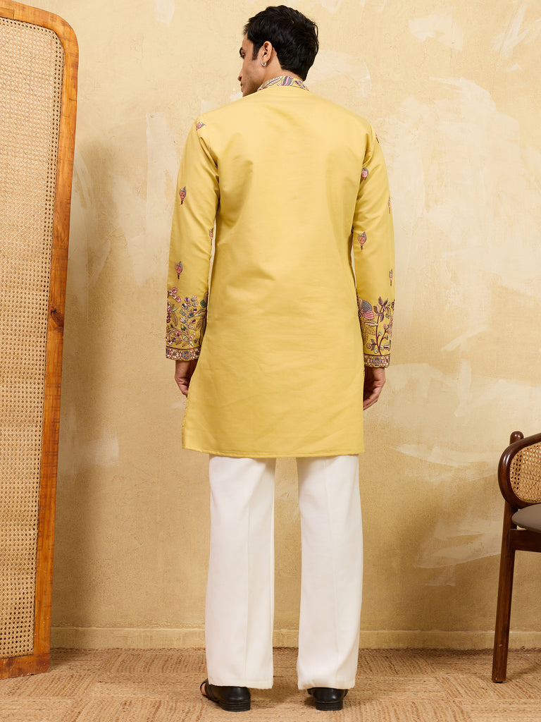 Attractive Yellow Thread Work Silk Haldi Wear Men's Kurta With Dupatta
