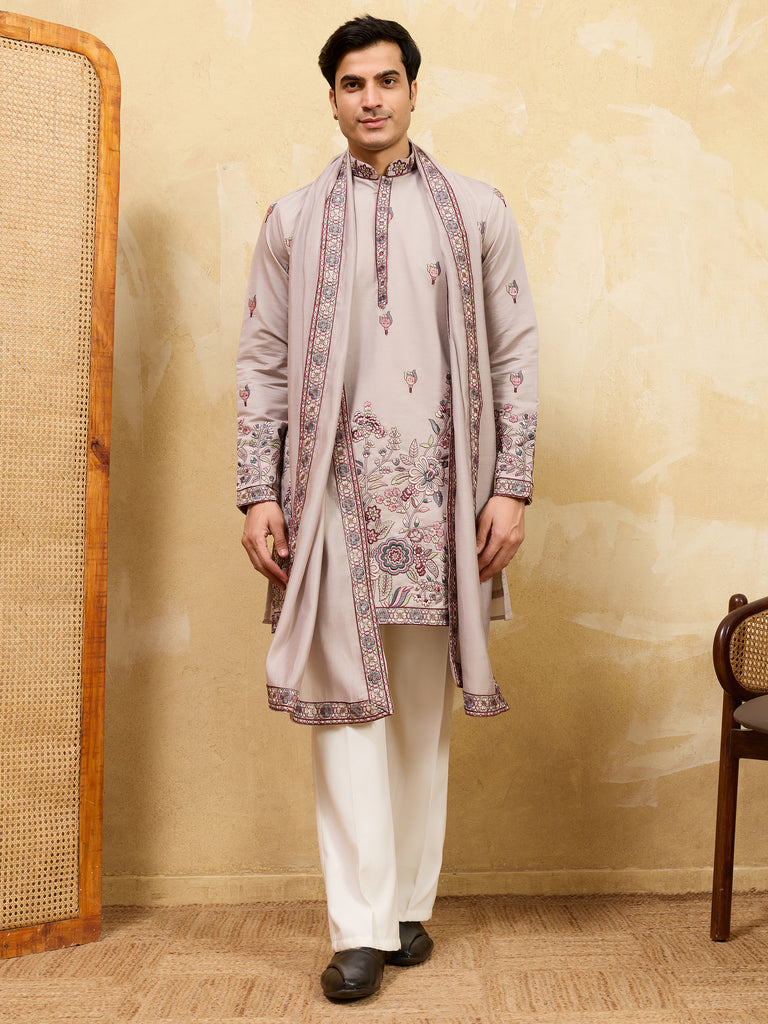 Bewitching Ivory Thread Embroidered Viscose Silk Traditional Men's Kurta