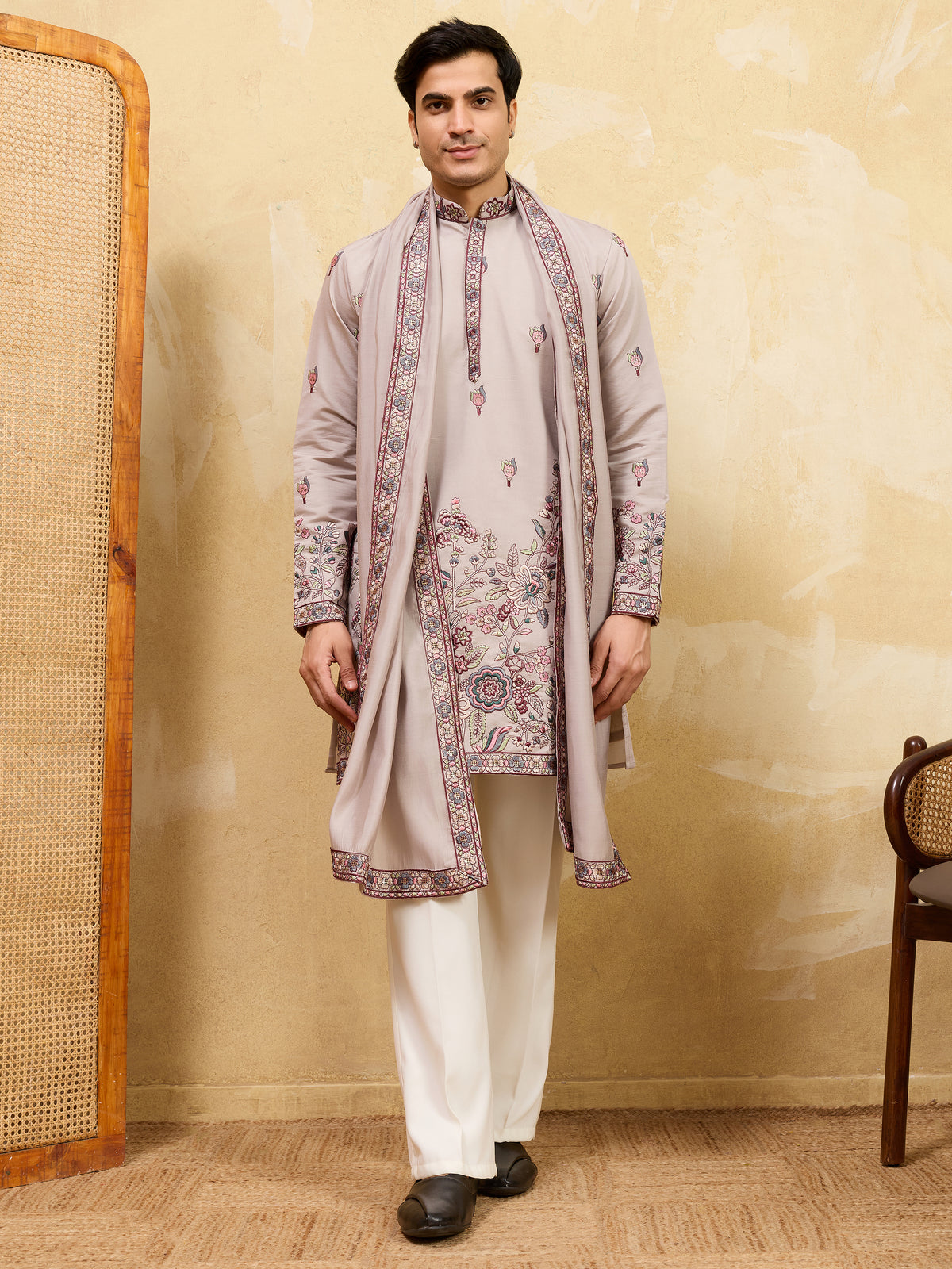 Bewitching Ivory Thread Embroidered Viscose Silk Traditional Men's Kurta