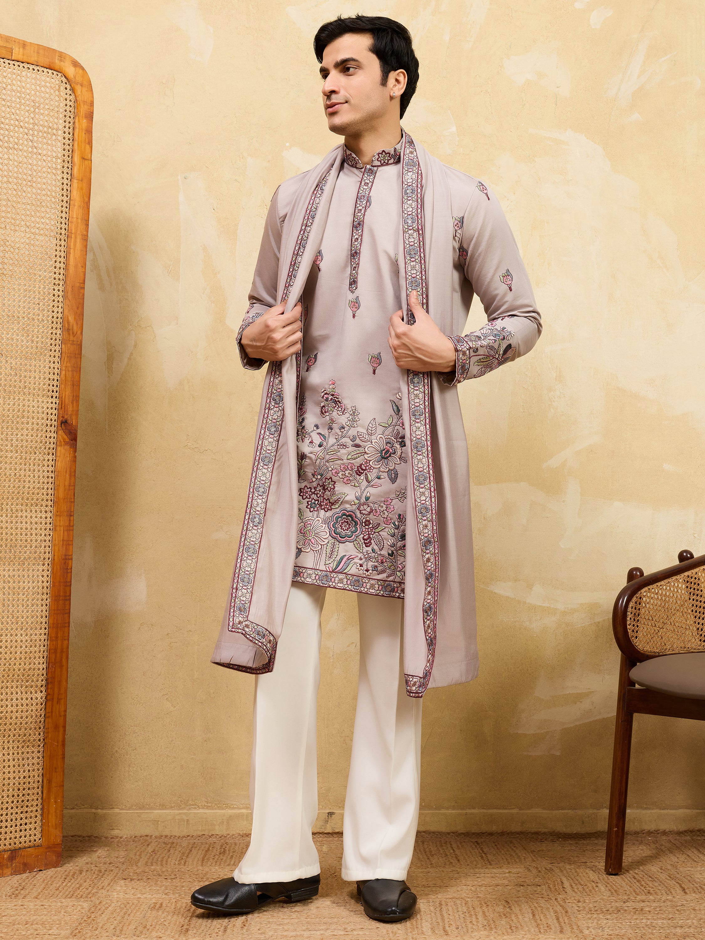 Bewitching Ivory Thread Embroidered Viscose Silk Traditional Men's Kurta