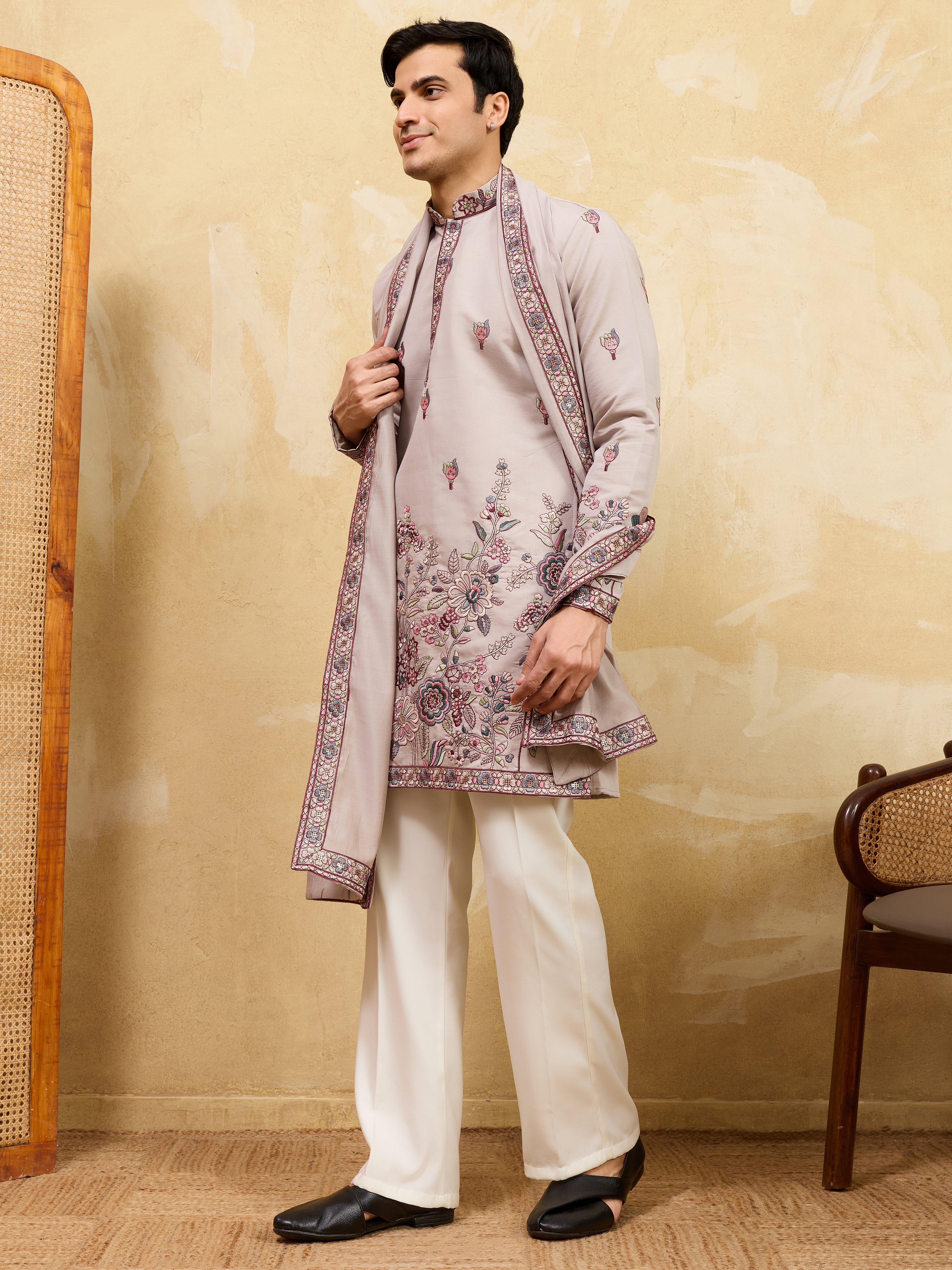 Bewitching Ivory Thread Embroidered Viscose Silk Traditional Men's Kurta