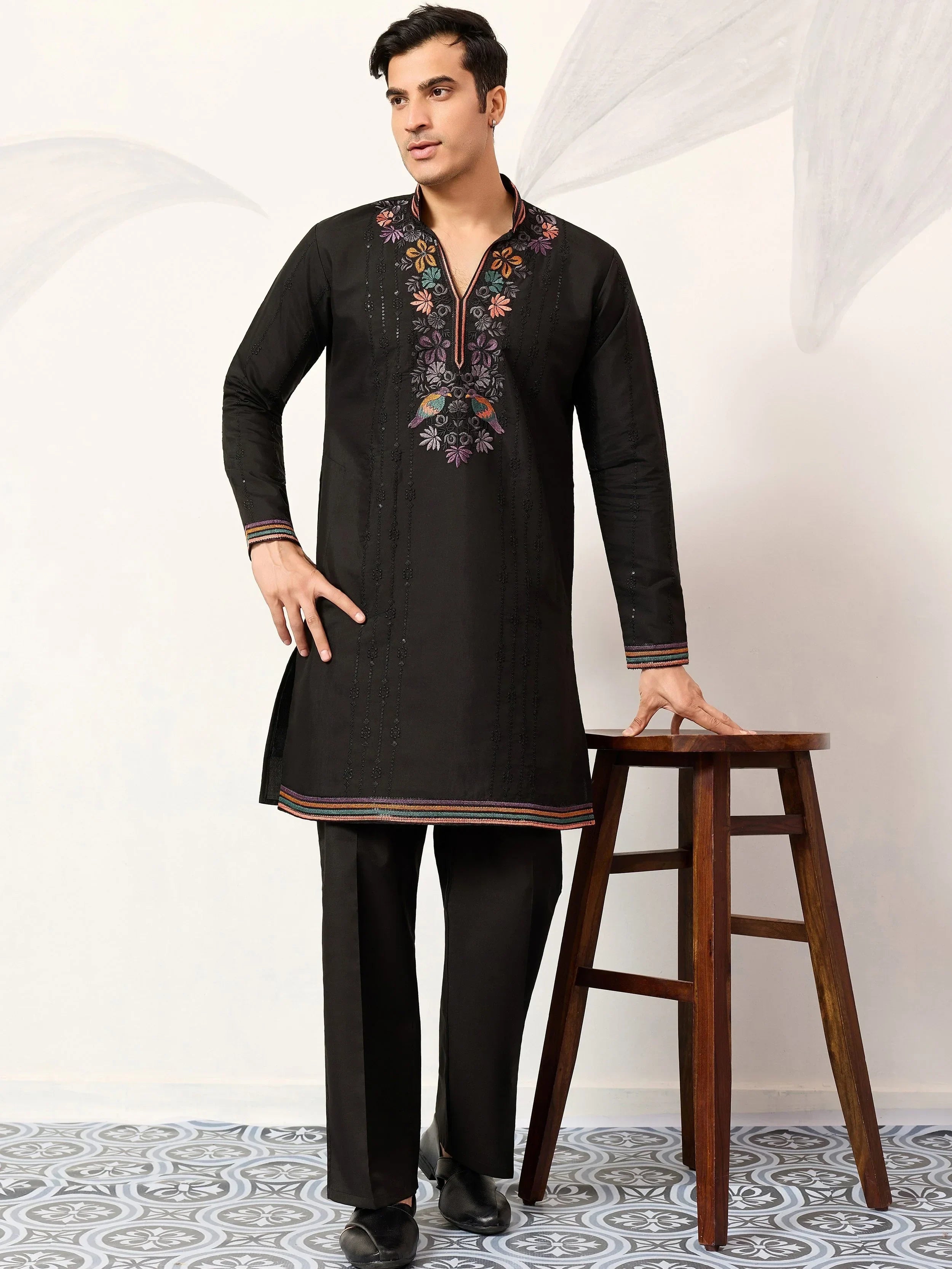 Outstanding Black Embroidered Silk Festival Wear Men’s Kurta 
