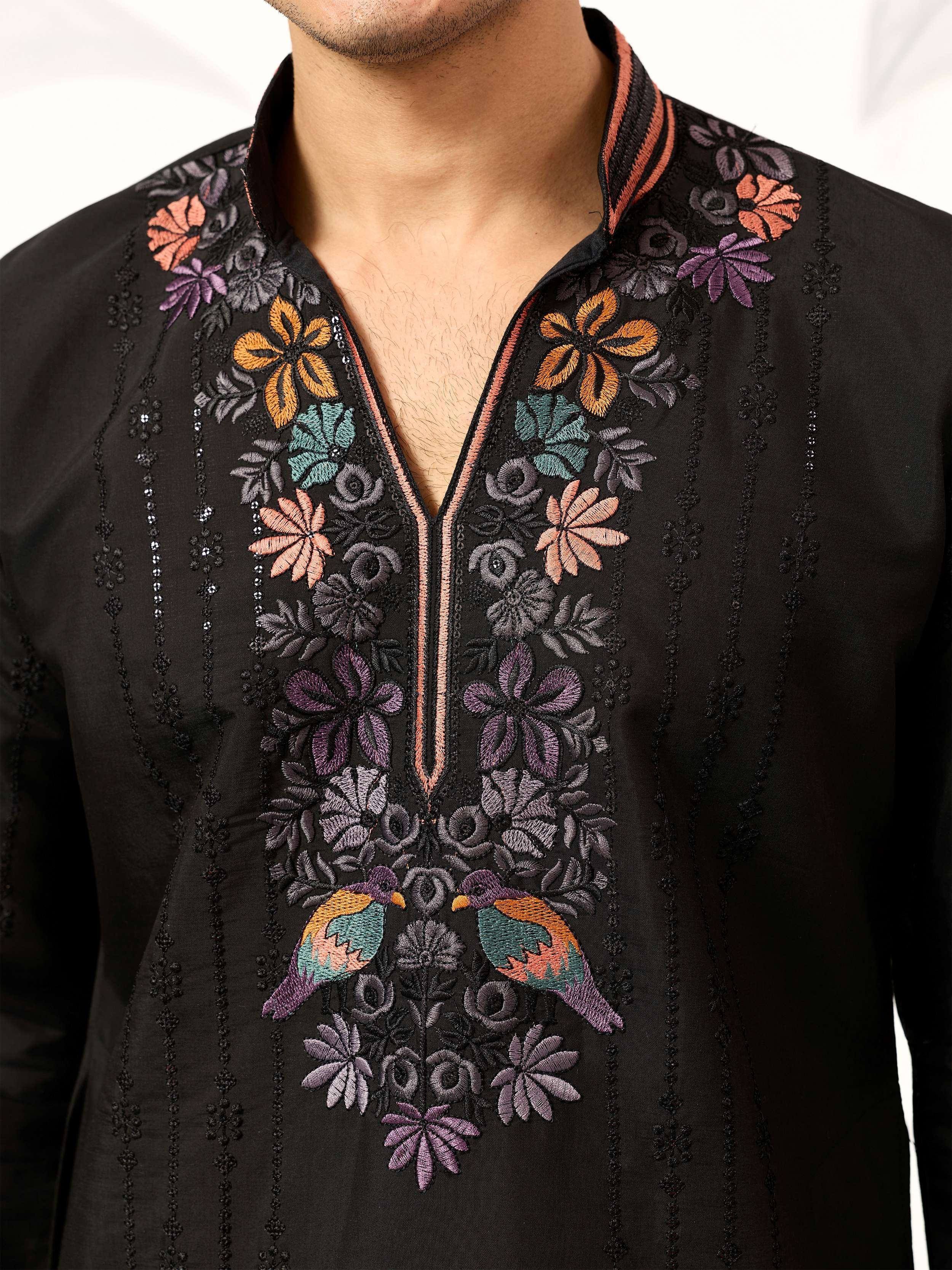 Outstanding Black Embroidered Silk Festival Wear Men’s Kurta 