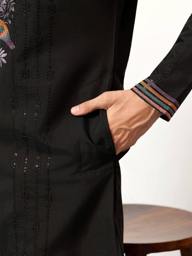 Outstanding Black Embroidered Silk Festival Wear Men’s Kurta 