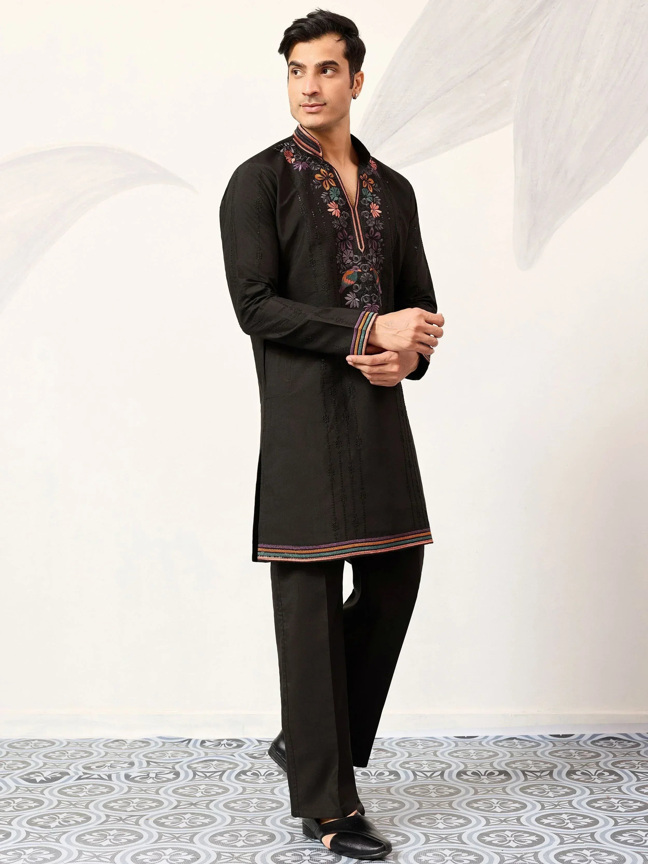 Outstanding Black Embroidered Silk Festival Wear Men’s Kurta 