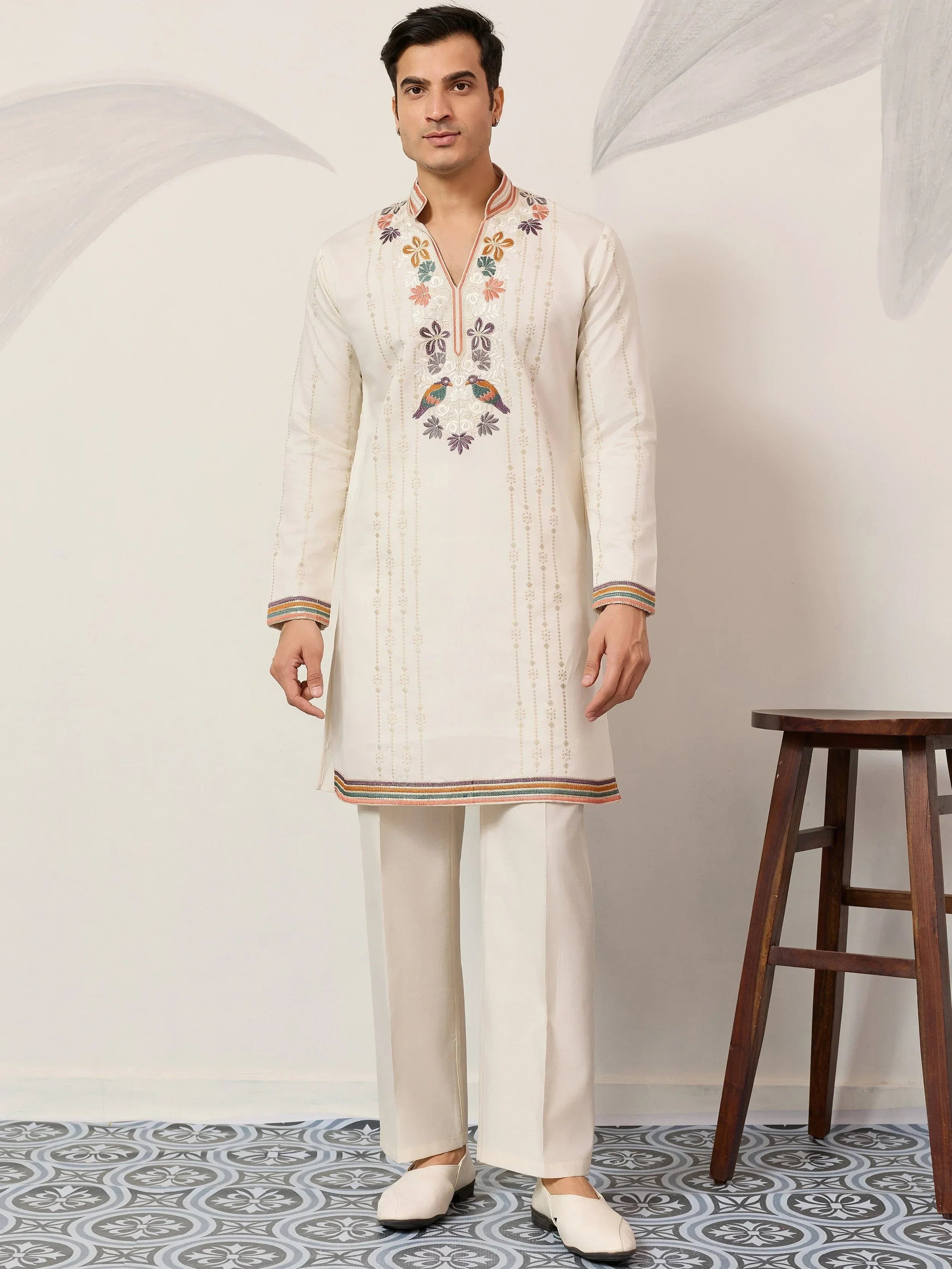 Enchanting Off-White Embroidered Silk Function Wear Men’s Kurta