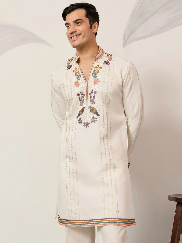 Enchanting Off-White Embroidered Silk Function Wear Men’s Kurta