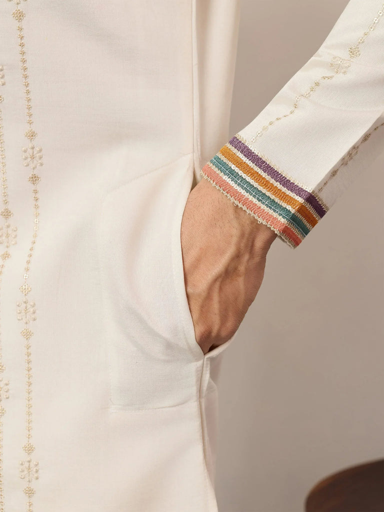 Enchanting Off-White Embroidered Silk Function Wear Men’s Kurta