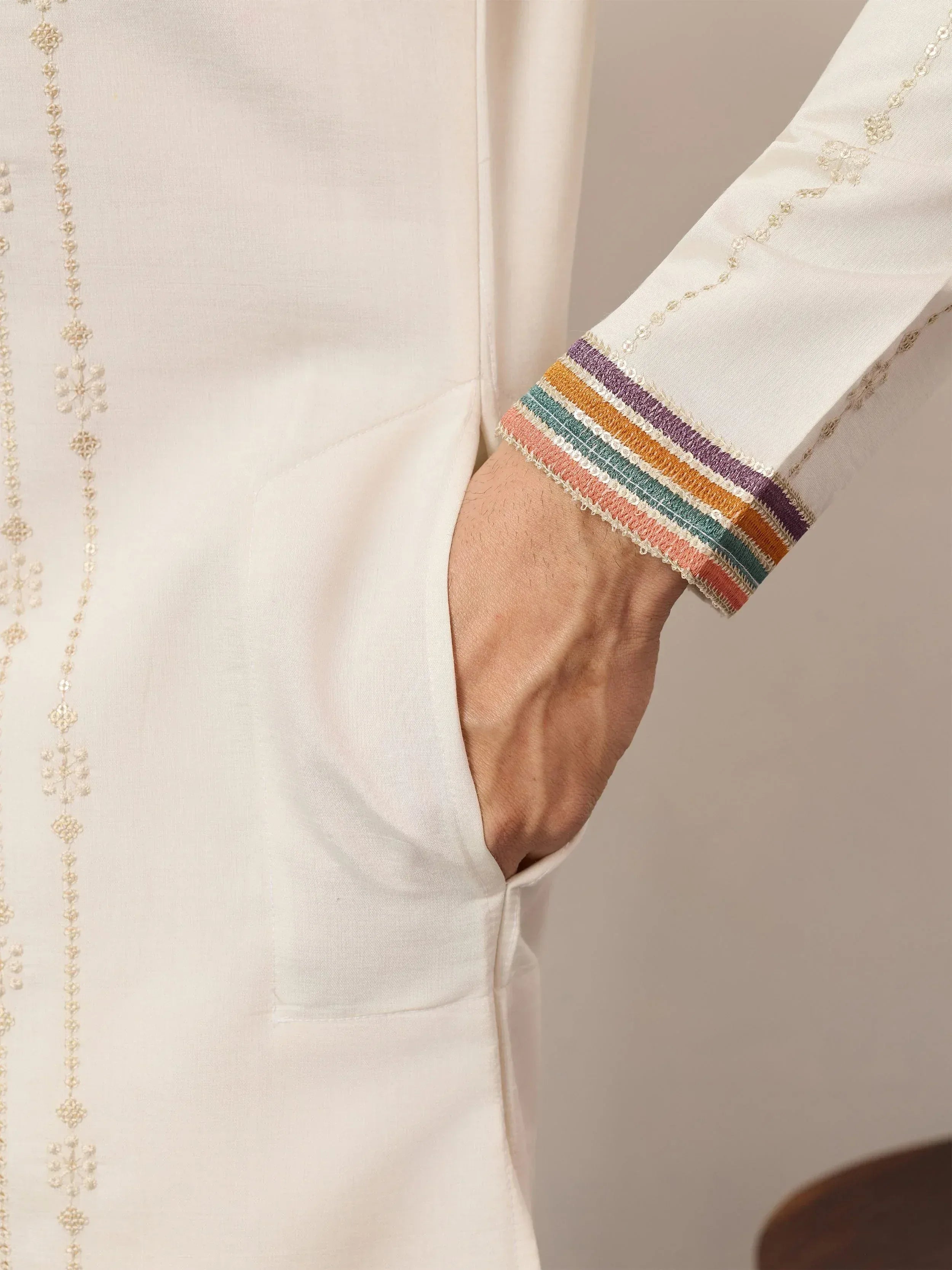 Enchanting Off-White Embroidered Silk Function Wear Men’s Kurta