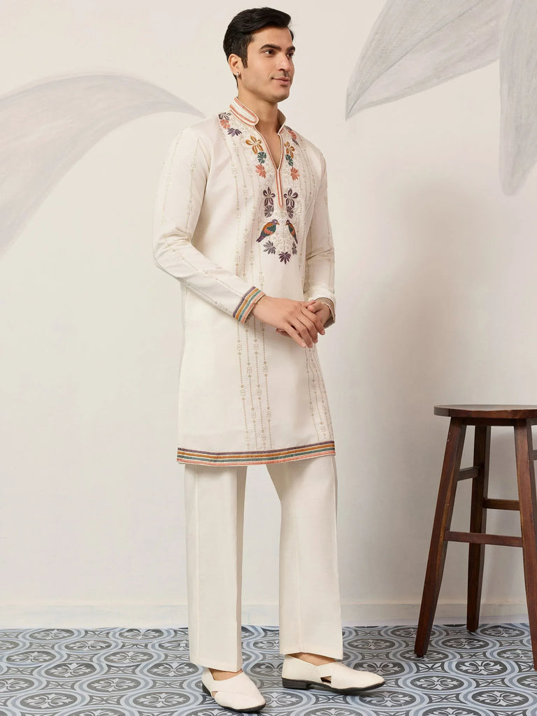 Enchanting Off-White Embroidered Silk Function Wear Men’s Kurta