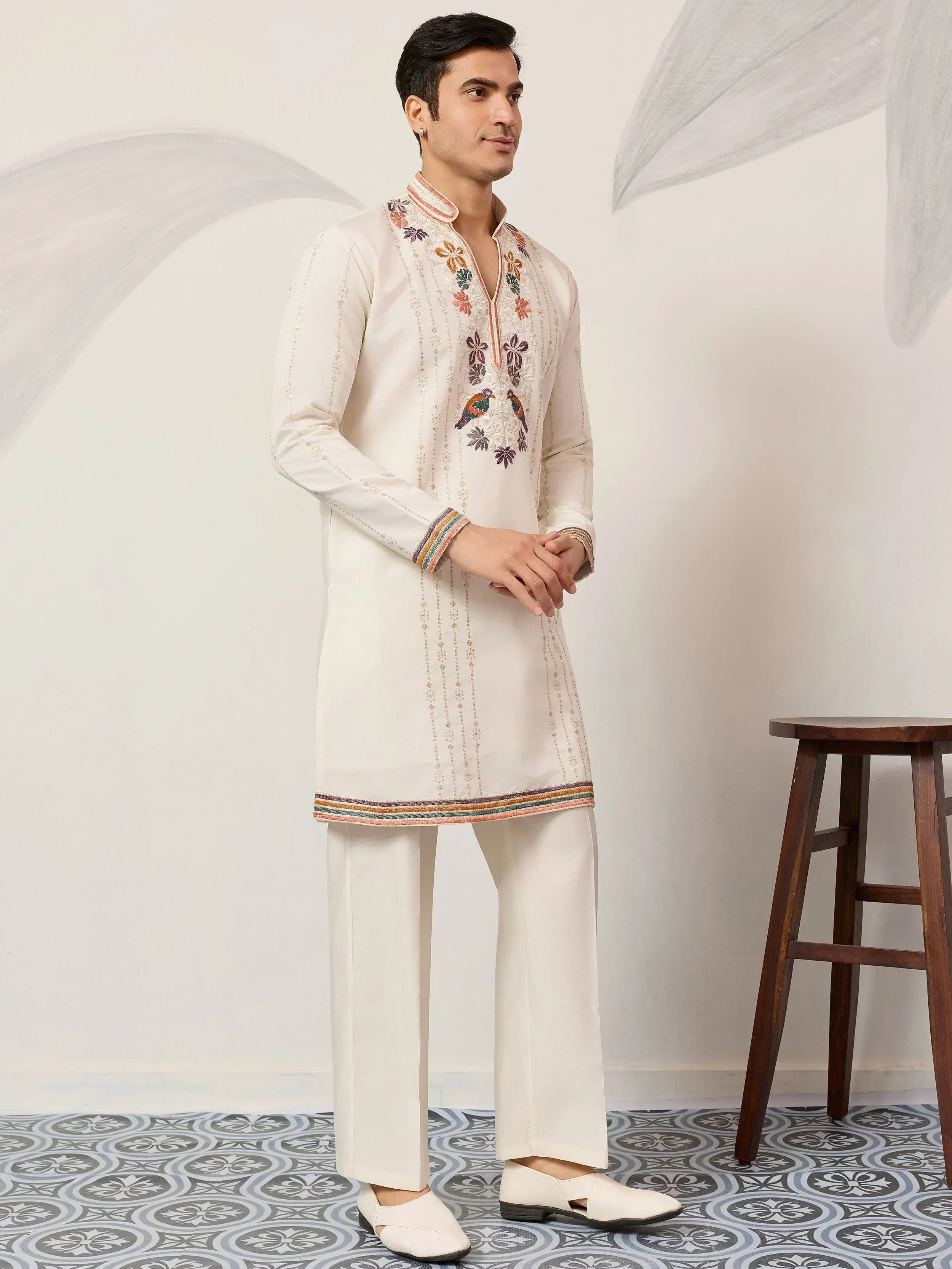 Enchanting Off-White Embroidered Silk Function Wear Men’s Kurta