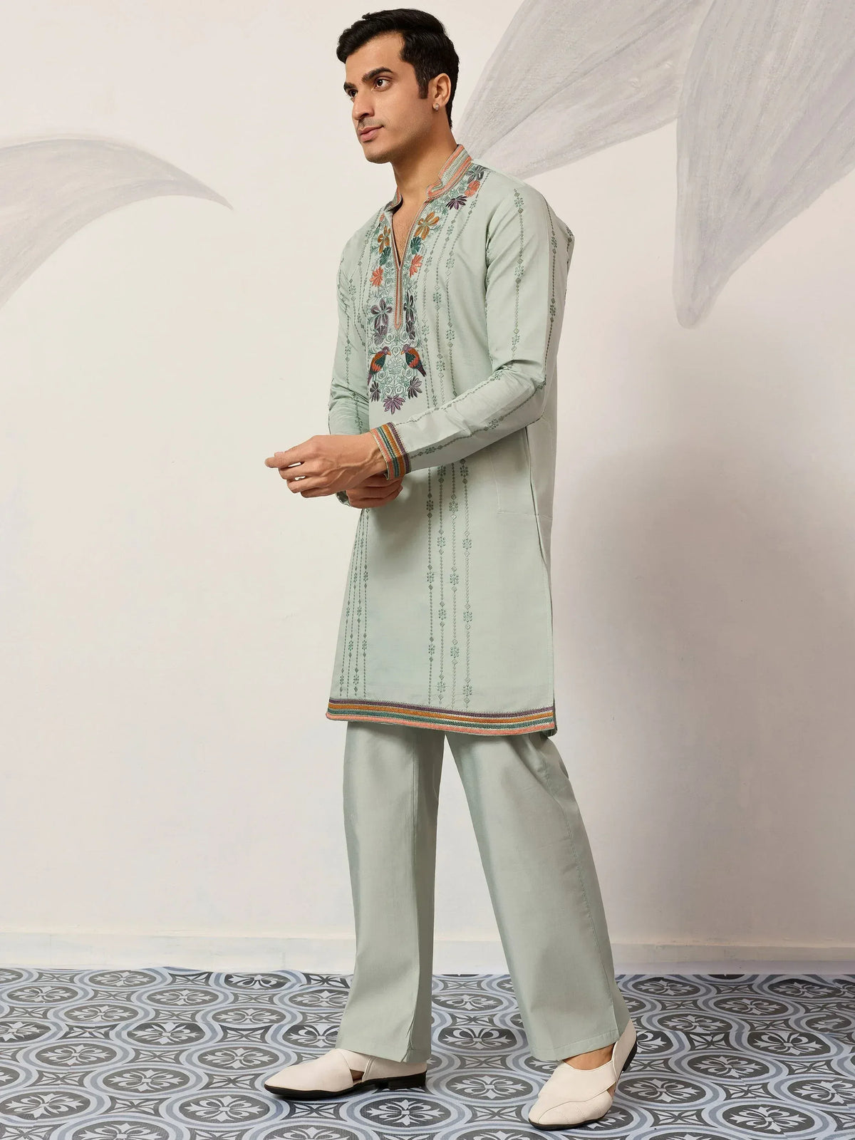 Mint green embroidered kurta pajama set with floral and bird motifs, perfect for Indian ethnic wear occasions.