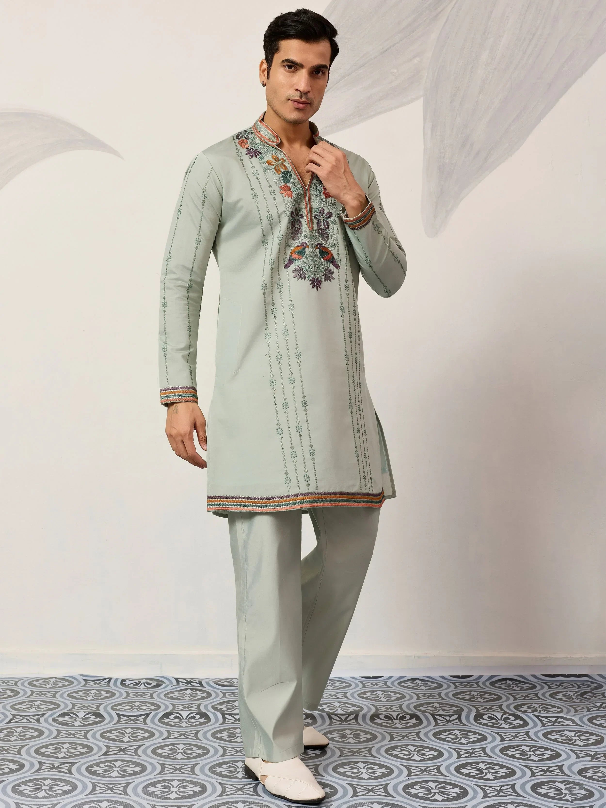 Precious Green Embroidered Silk Festival Wear Men’s Kurta 
