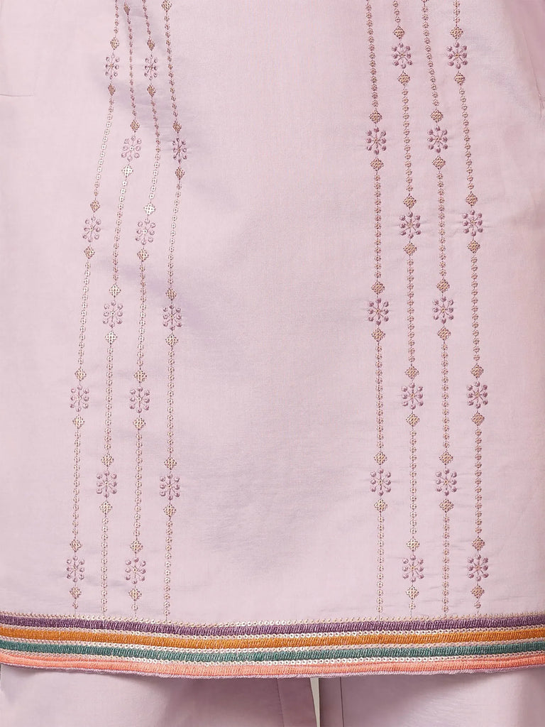 Pink ethnic gown with floral embroidery and colorful border
