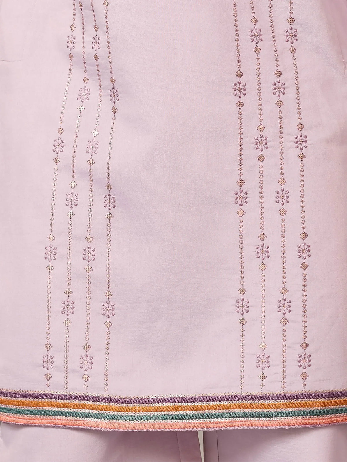 Pink ethnic gown with floral embroidery and colorful border