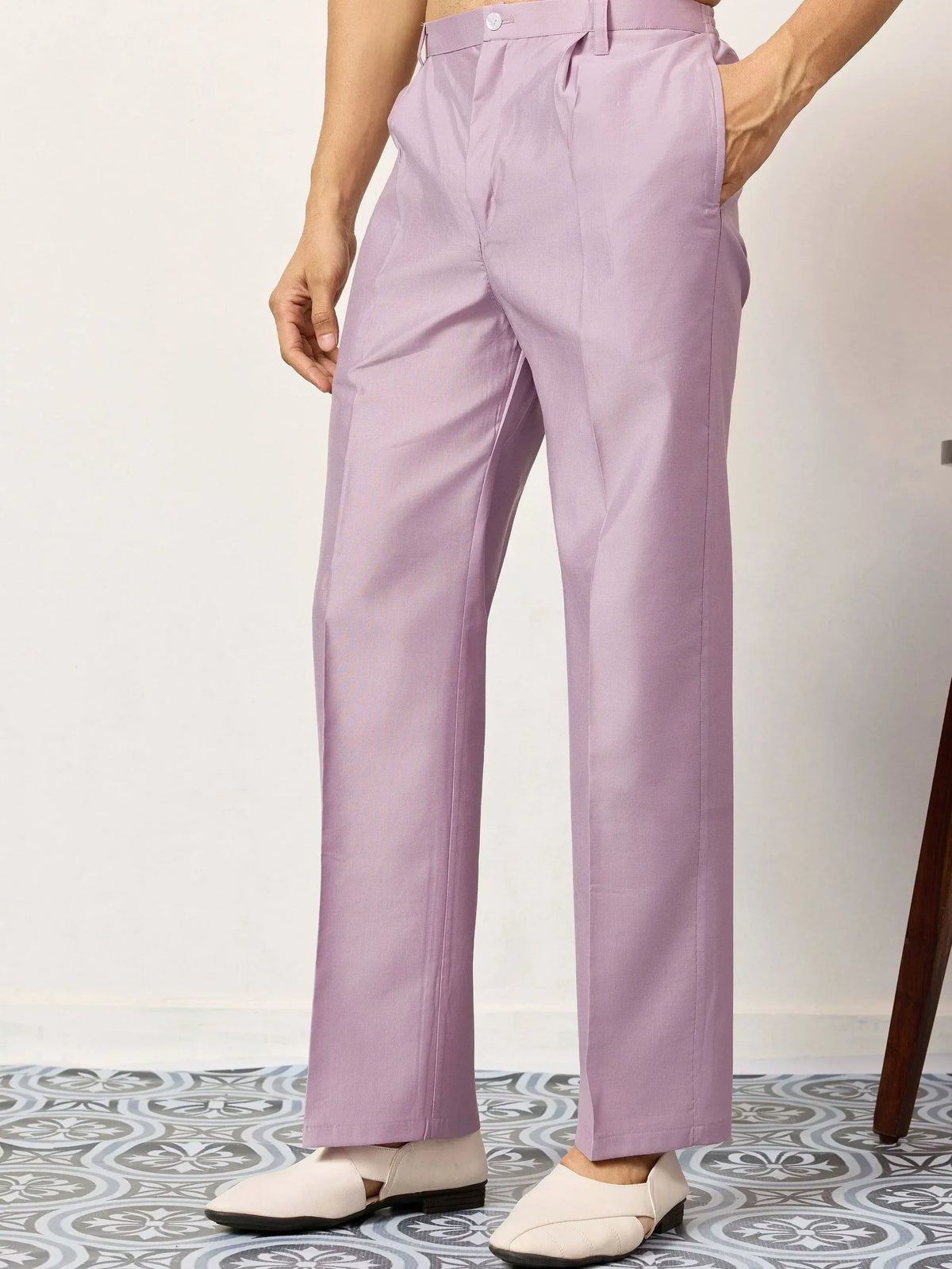 Lavender ethnic trousers paired with cream loafers, ideal for traditional Indian wear